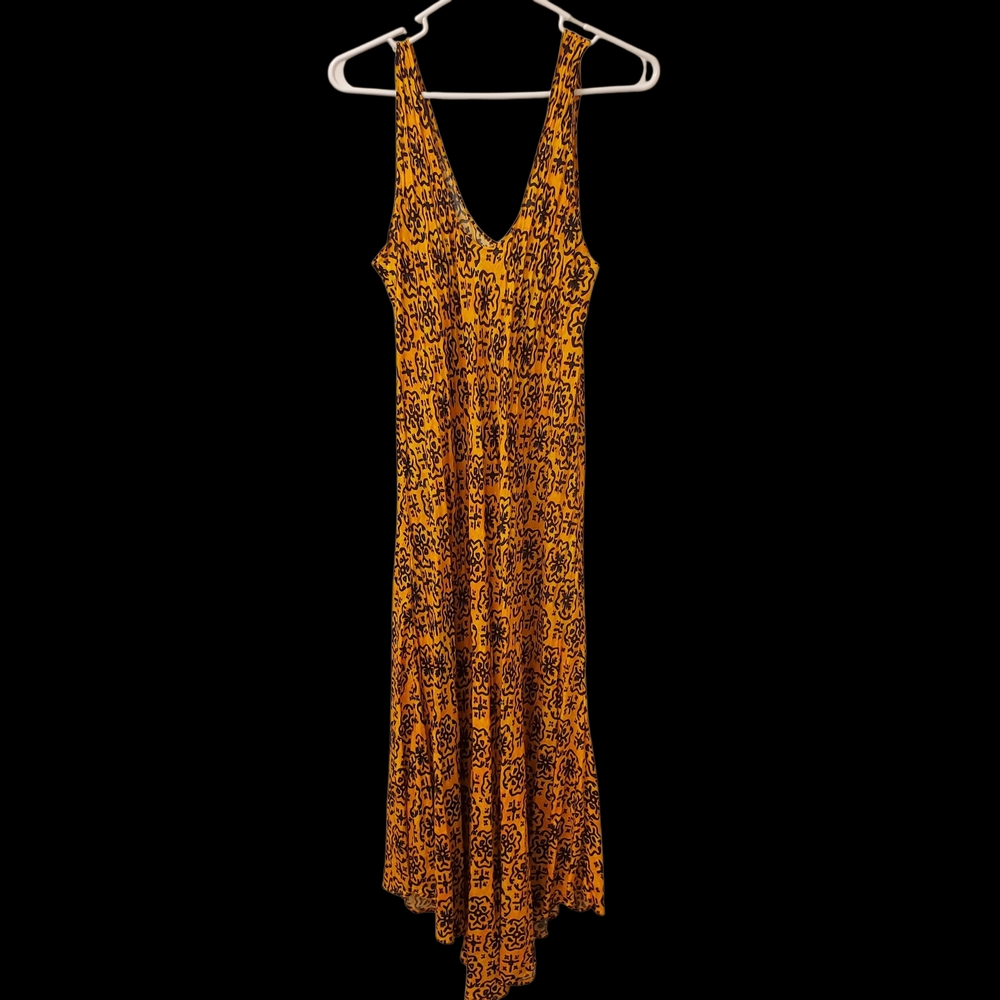 Womens Midi Dress Size L Orange Black Art to Wear Asymmetric Boho Beach Sundress